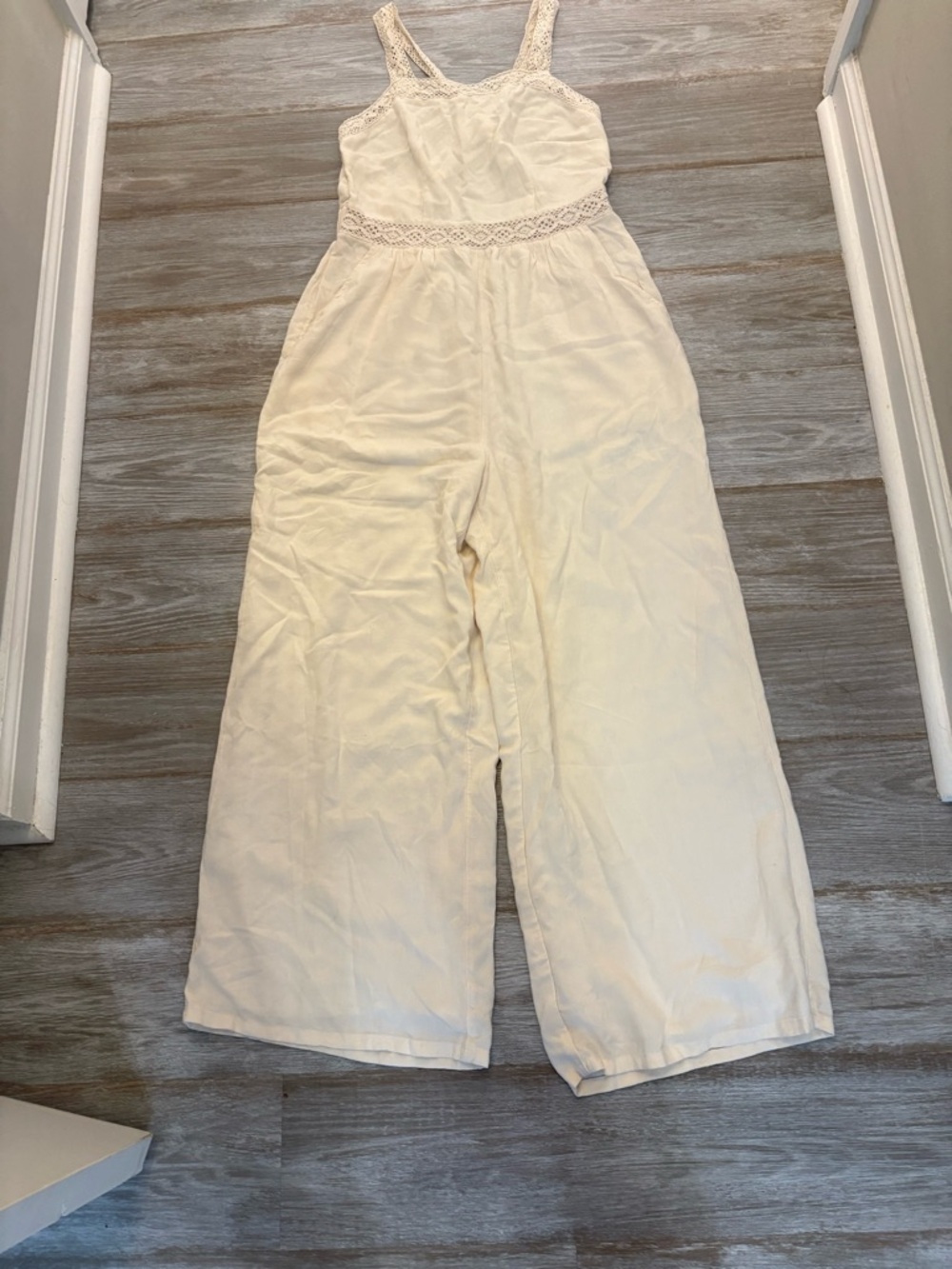 American Eagle Outfitters Cream Lace-Trim Wide-Leg Jumpsuit